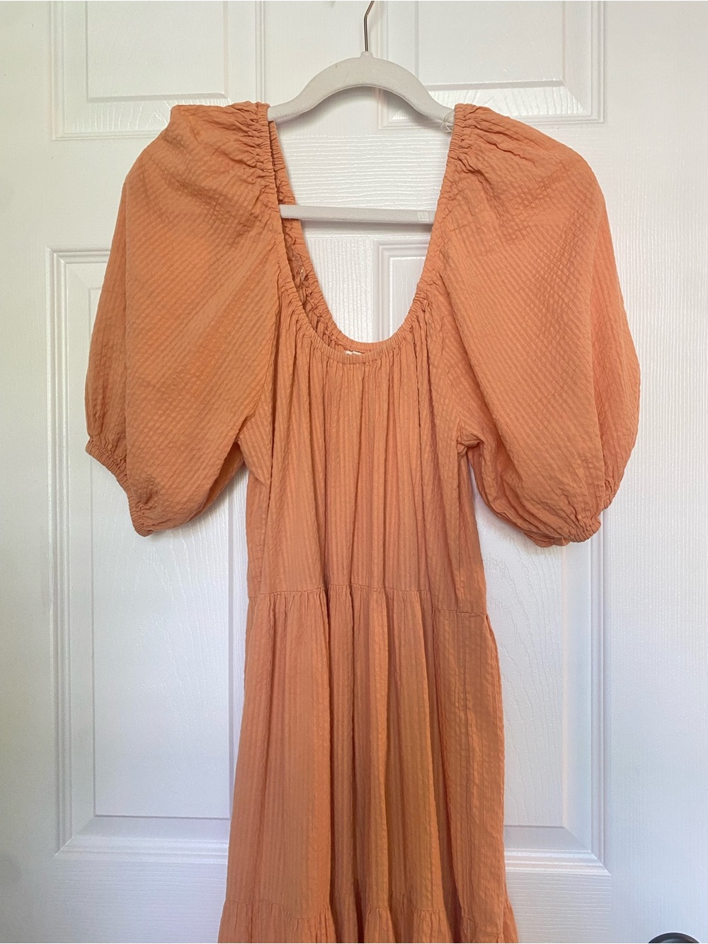 Billabong Endless Shore Puffed Sleeves Orange Tan Tiered Ribbed Maxi Dress M - Picture 2 of 10